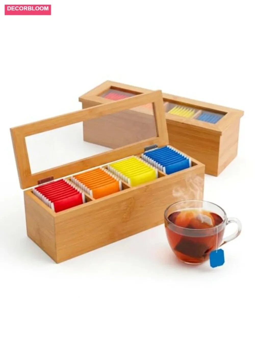 Bamboo Tea Bag Organizer with Acrylic Lid - Tea Storage Box for Counter or